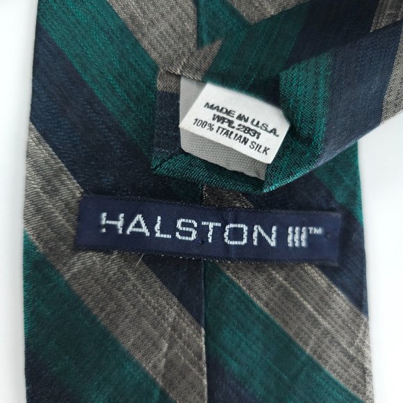 Halston III Men Tie 100% Italian Silk Striped Green Blue Gray Size 59x4 - NWOT - Picture 3 of 5